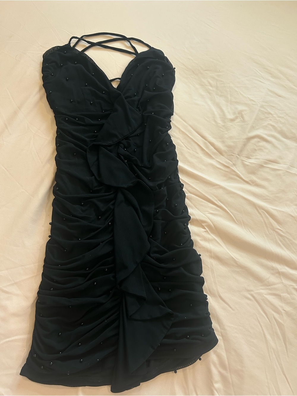 Elegant Black Ruched Mini Dress with Strappy Back